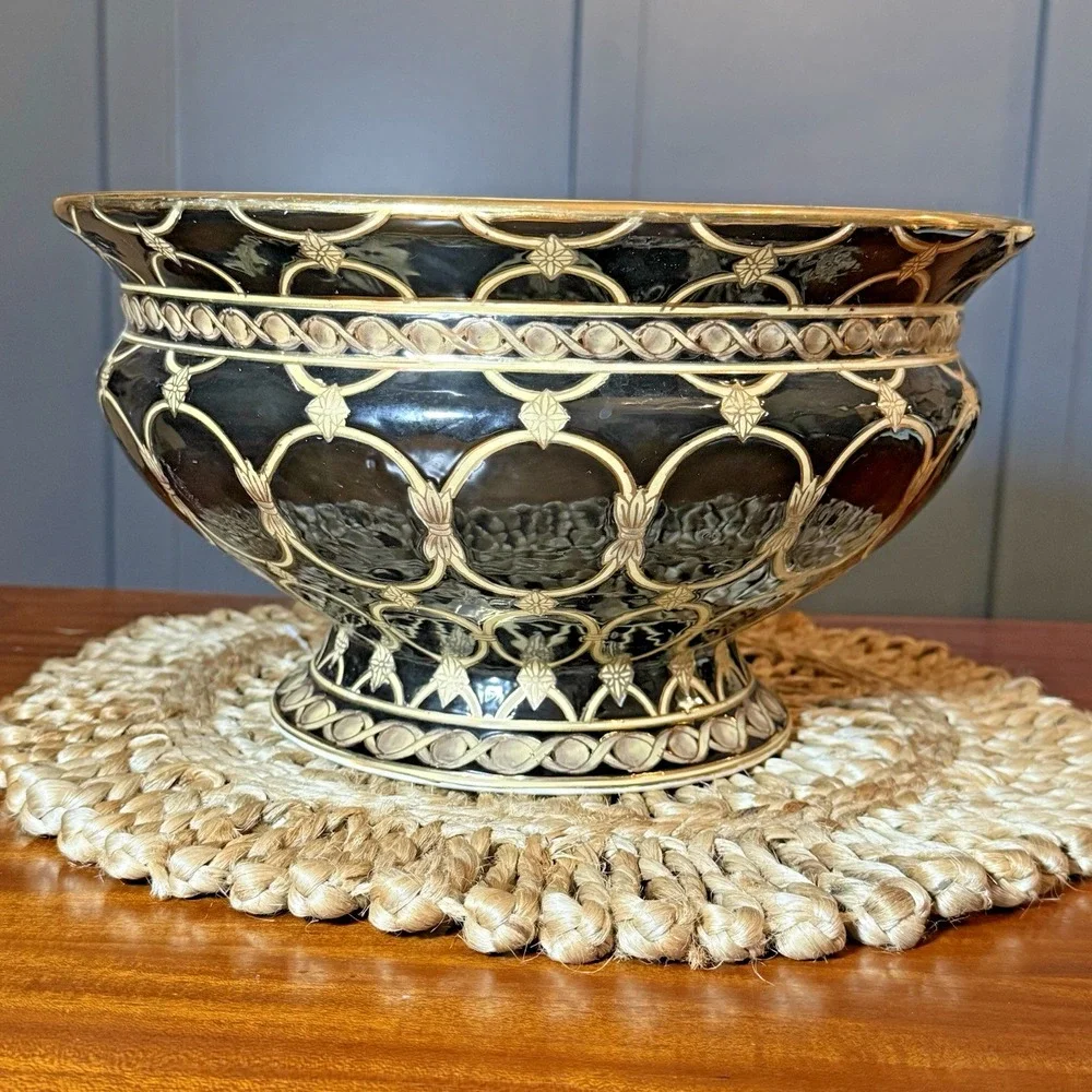 Asian Footed Pedestal Bowl Black & Gold Hand Painted Geometric Planter 12.5
